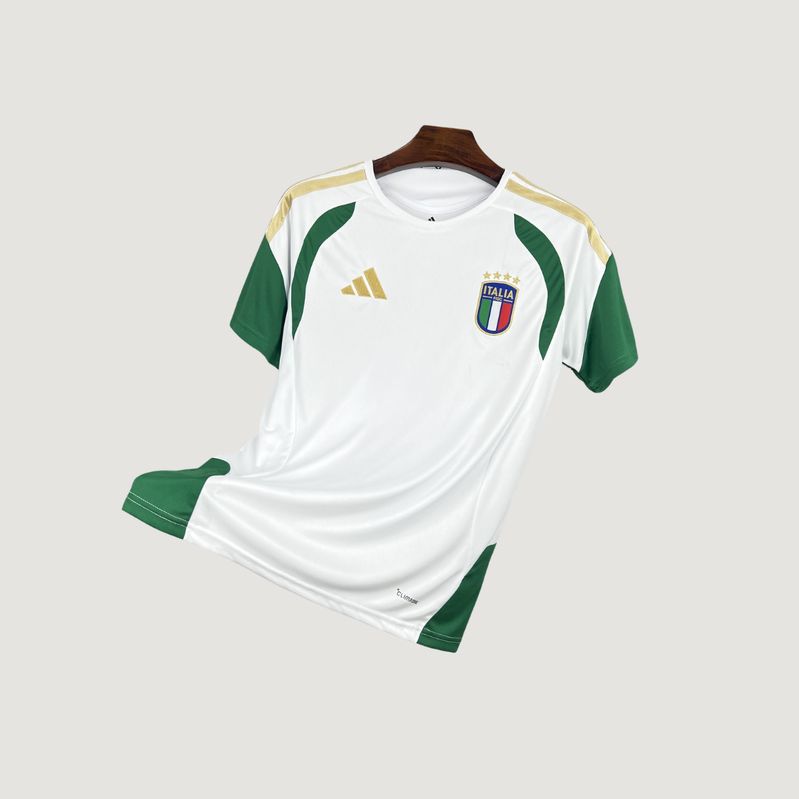 Italie – Maillot Pré-Match Coupe du Monde 2026 (Tiro) – Blanc, Vert, Or - dos