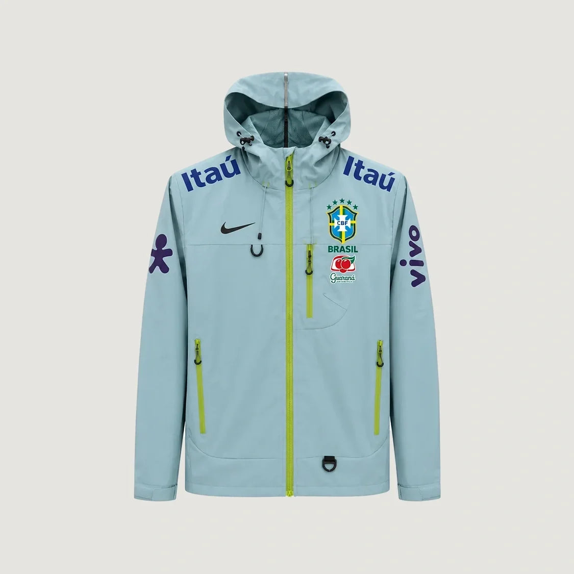 Brésil – Veste Coupe-Vent à Capuche – Gris Bleu & Vert Citron - avant