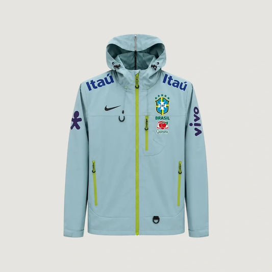 Brésil – Veste Coupe-Vent à Capuche – Gris Bleu & Vert Citron - avant