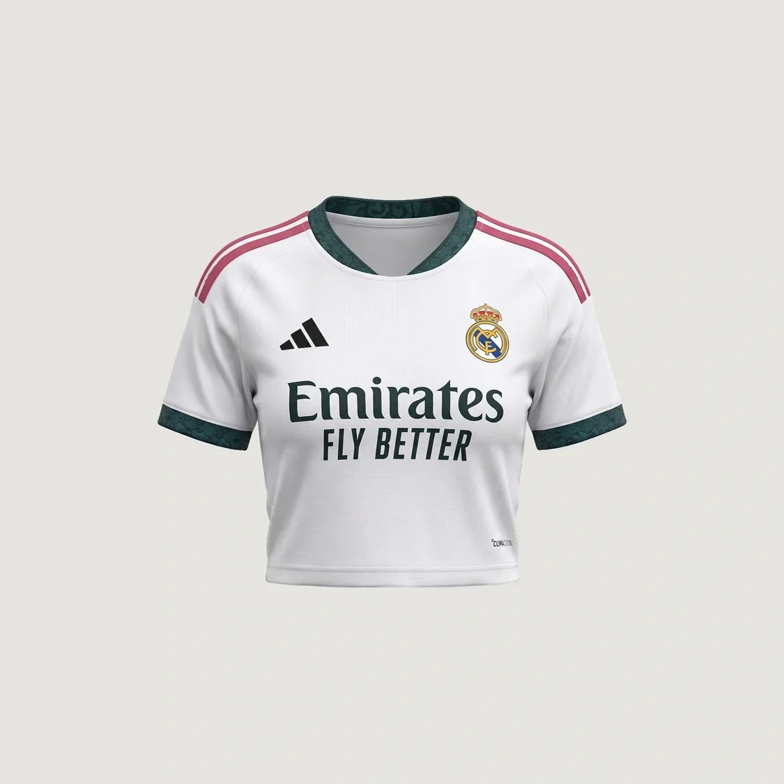 Real Madrid – Crop Top Domicile 2026/27 – Blanc, Vert sapin, Rose - avant